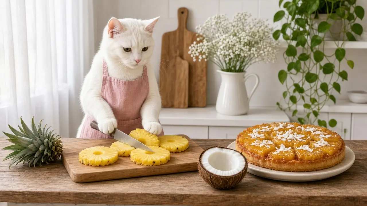 A cream-coloured cat in a pink apron, cooking this dish