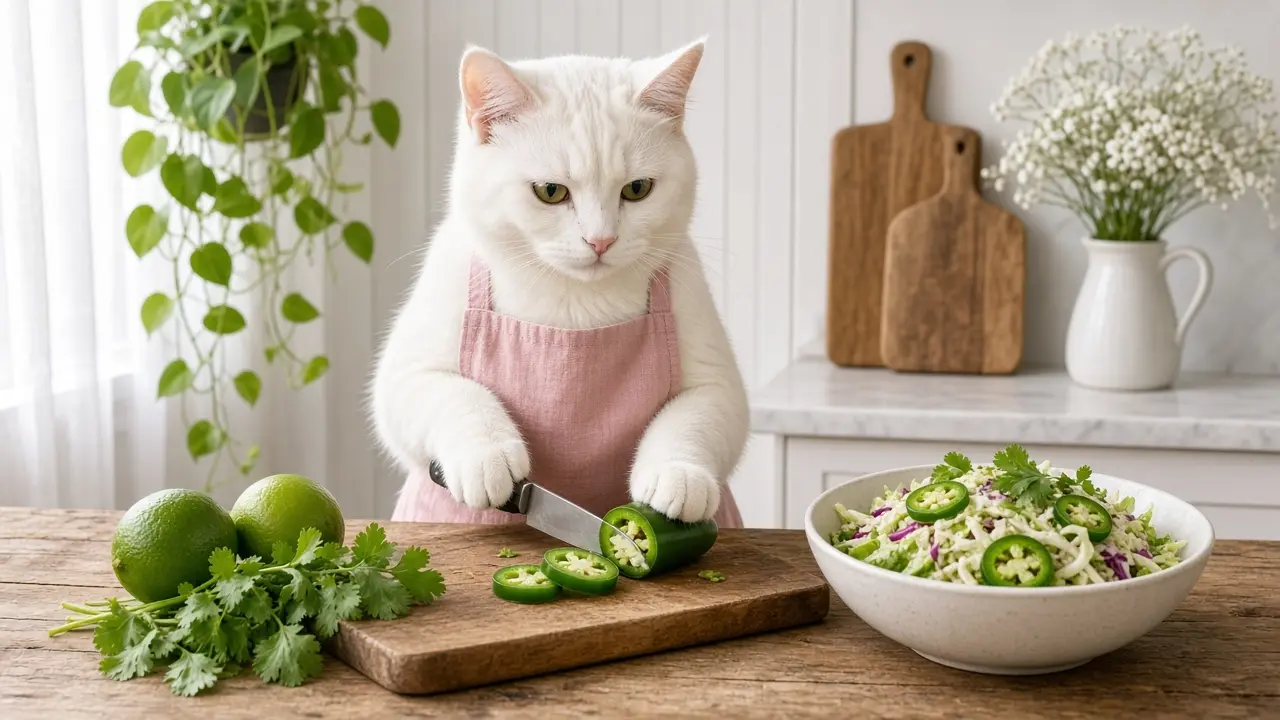 A cream-coloured cat in a pink apron, cooking this dish