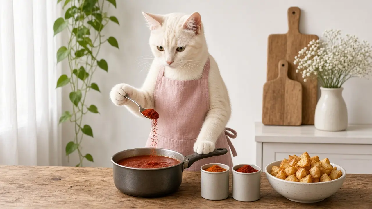 A cream-coloured cat in a pink apron, cooking this dish