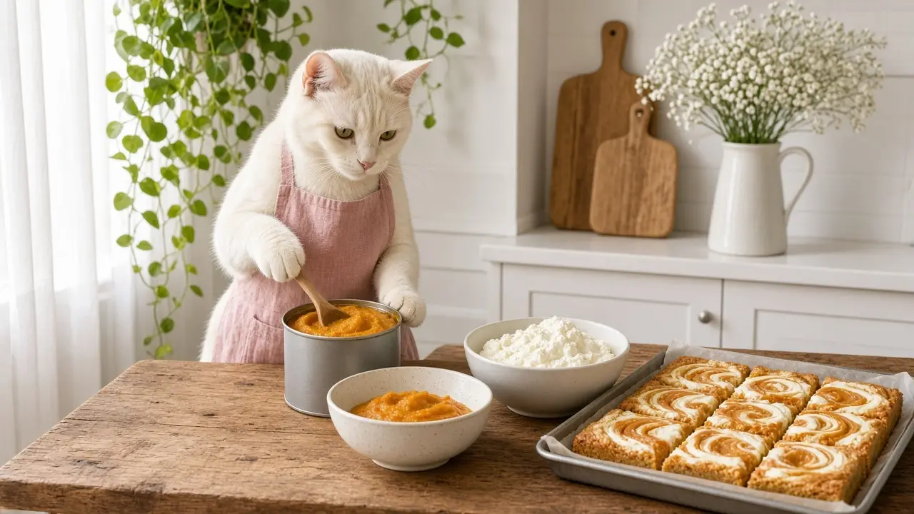 A cream-coloured cat in a pink apron, cooking this dish
