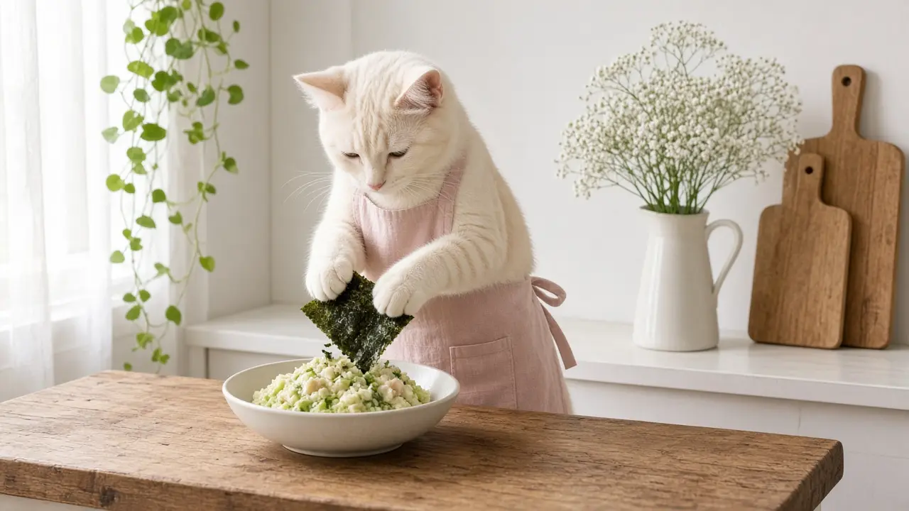 A cream-coloured cat in a pink apron, cooking this dish