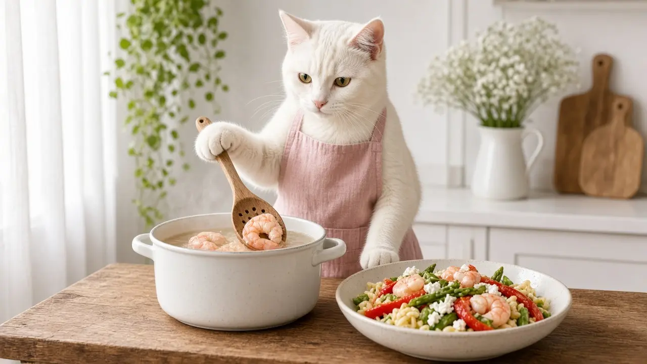 A cream-coloured cat in a pink apron, cooking this dish