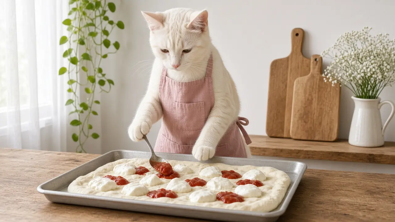 A cream-coloured cat in a pink apron, cooking this dish