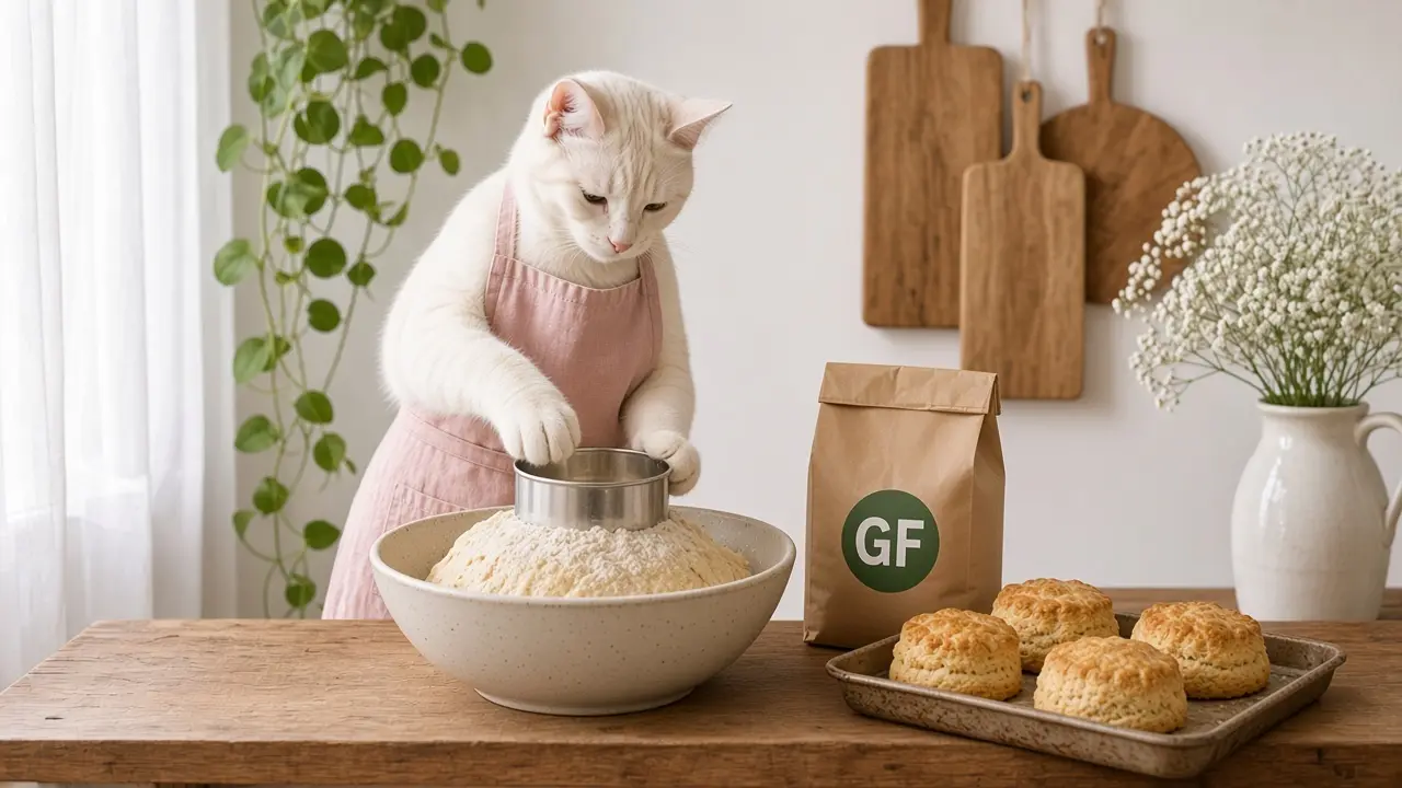 A cream-coloured cat in a pink apron, cooking this dish