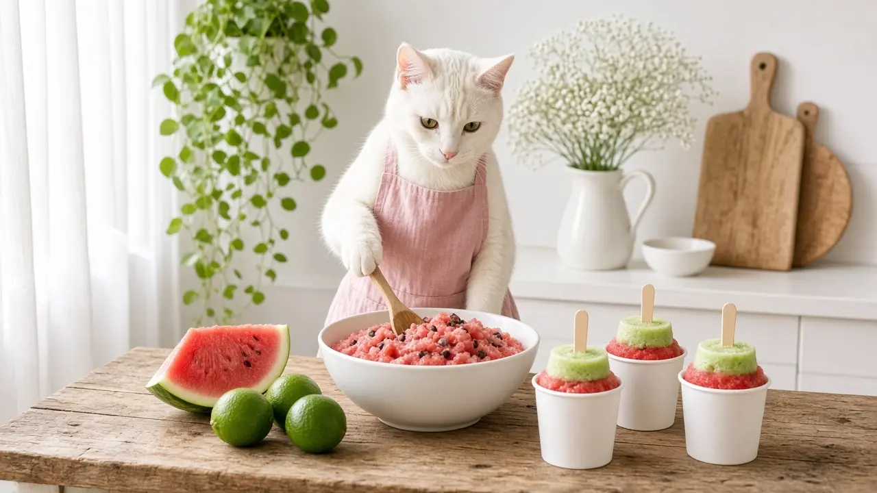 A cream-coloured cat in a pink apron, cooking this dish