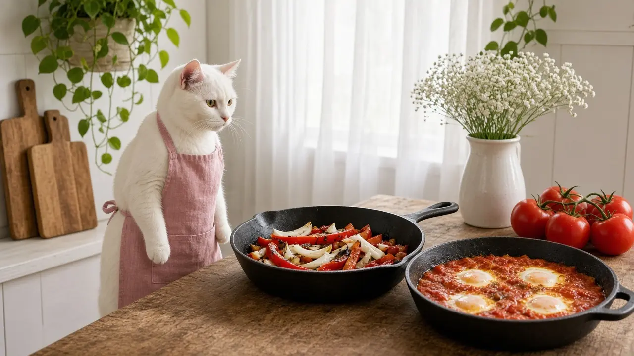 A cream-coloured cat in a pink apron, cooking this dish