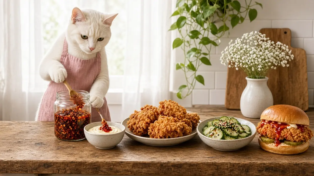 A cream-coloured cat in a pink apron, cooking this dish