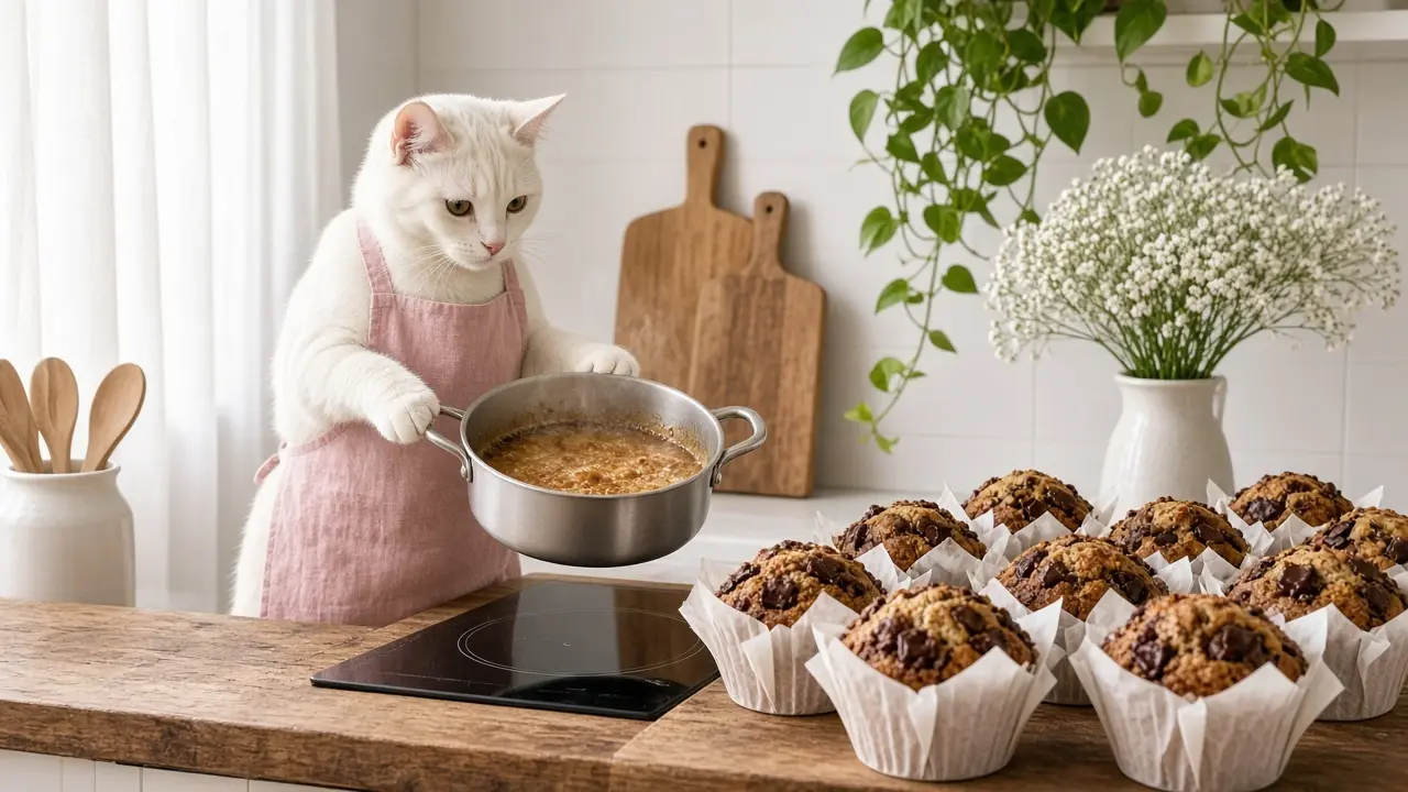 A cream-coloured cat in a pink apron, cooking this dish