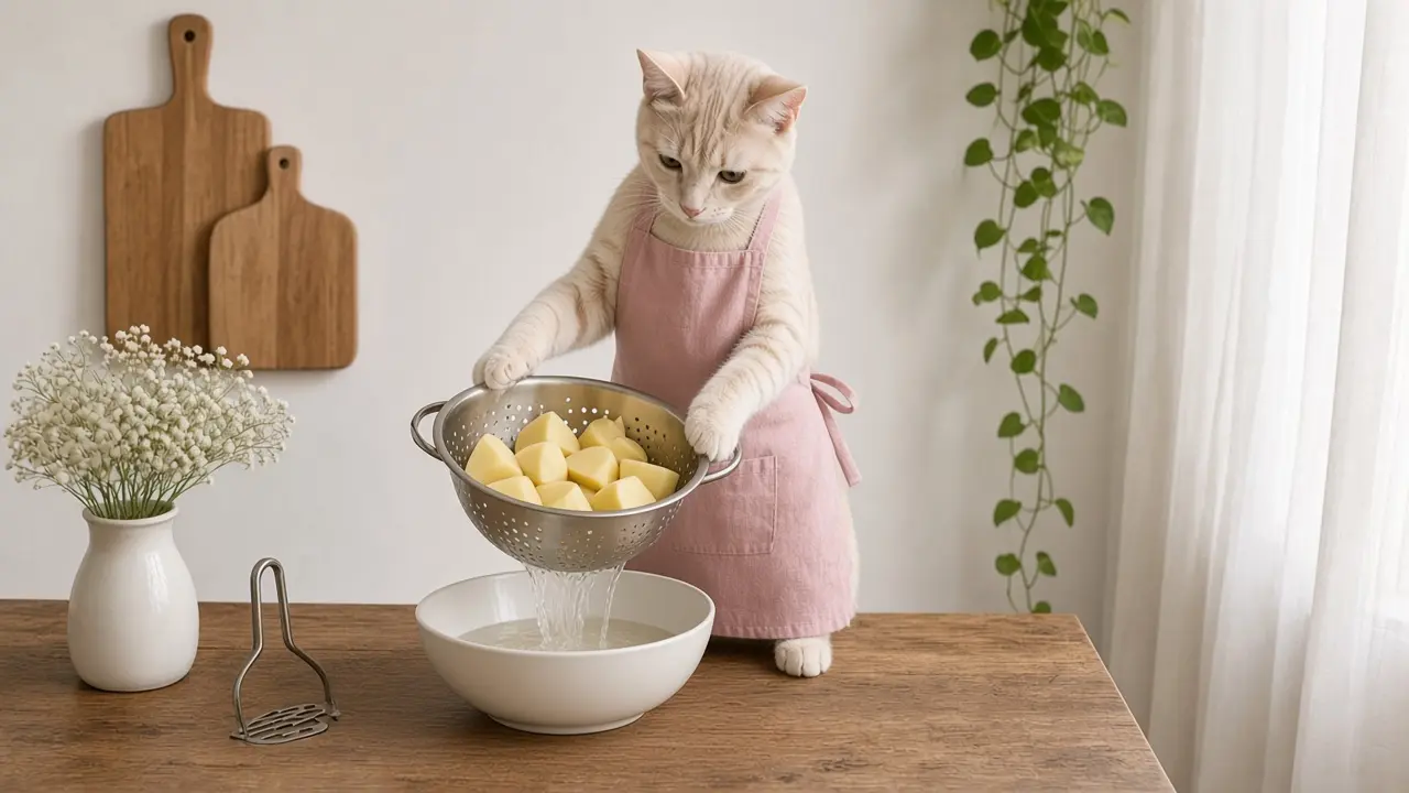 A cream-coloured cat in a pink apron, cooking this dish