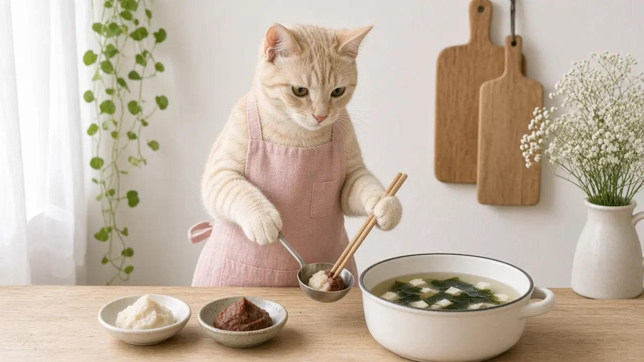A cream-coloured cat in a pink apron, cooking this dish