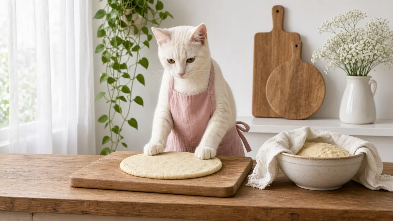 A cream-coloured cat in a pink apron, cooking this dish