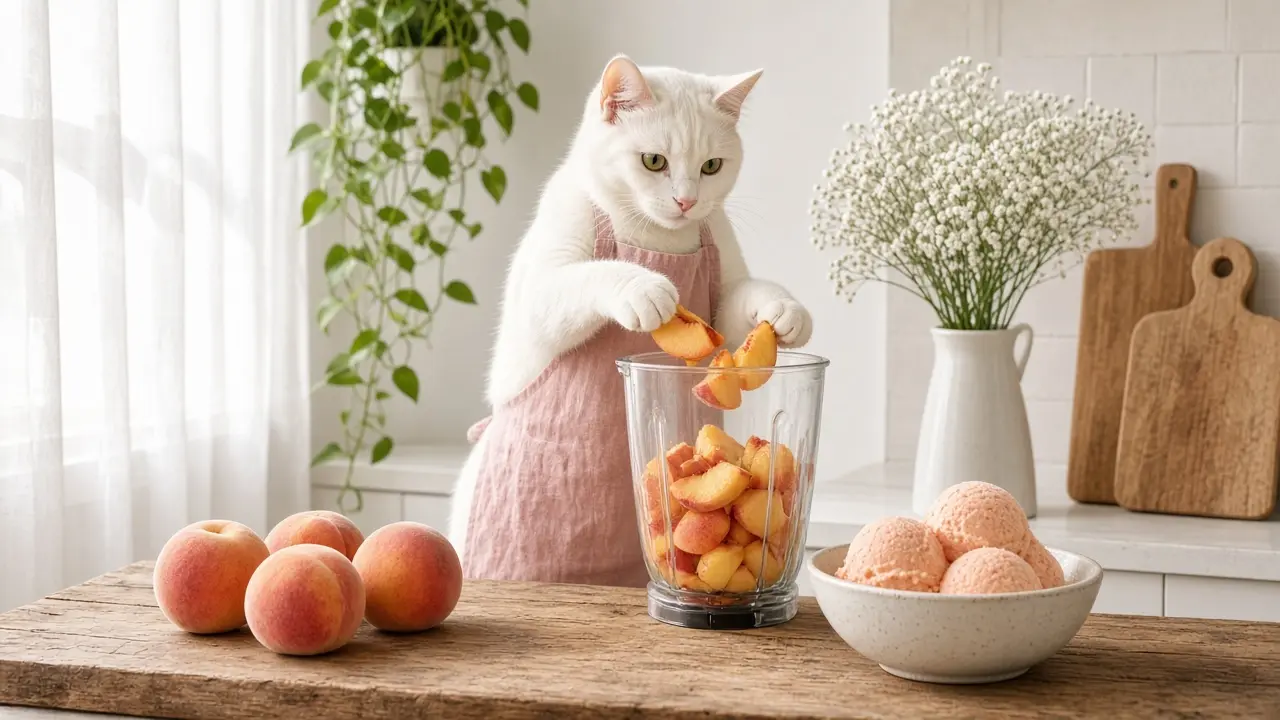 A cream-coloured cat in a pink apron, cooking this dish