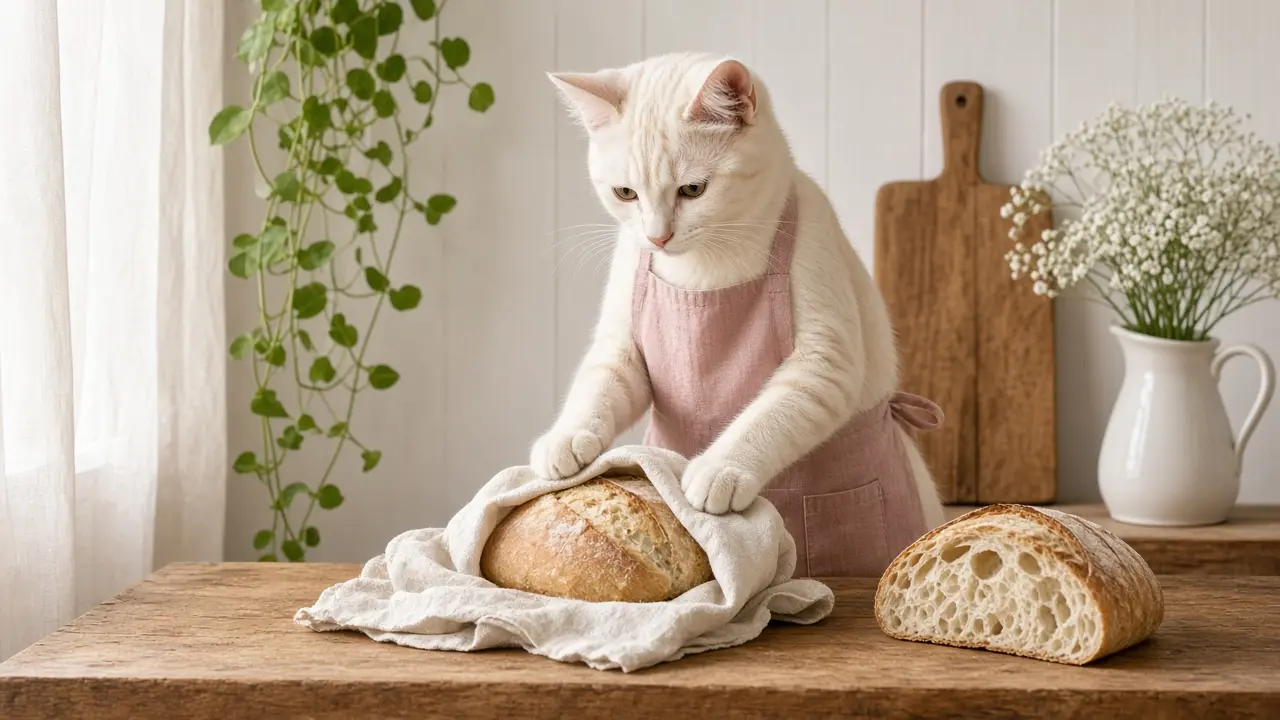 A cream-coloured cat in a pink apron, cooking this dish
