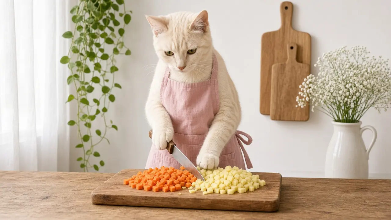 A cream-coloured cat in a pink apron, cooking this dish