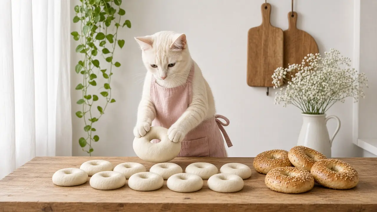 A cream-coloured cat in a pink apron, cooking this dish
