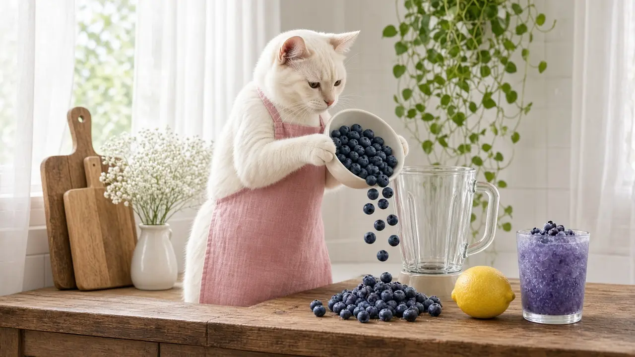 A cream-coloured cat in a pink apron, cooking this dish