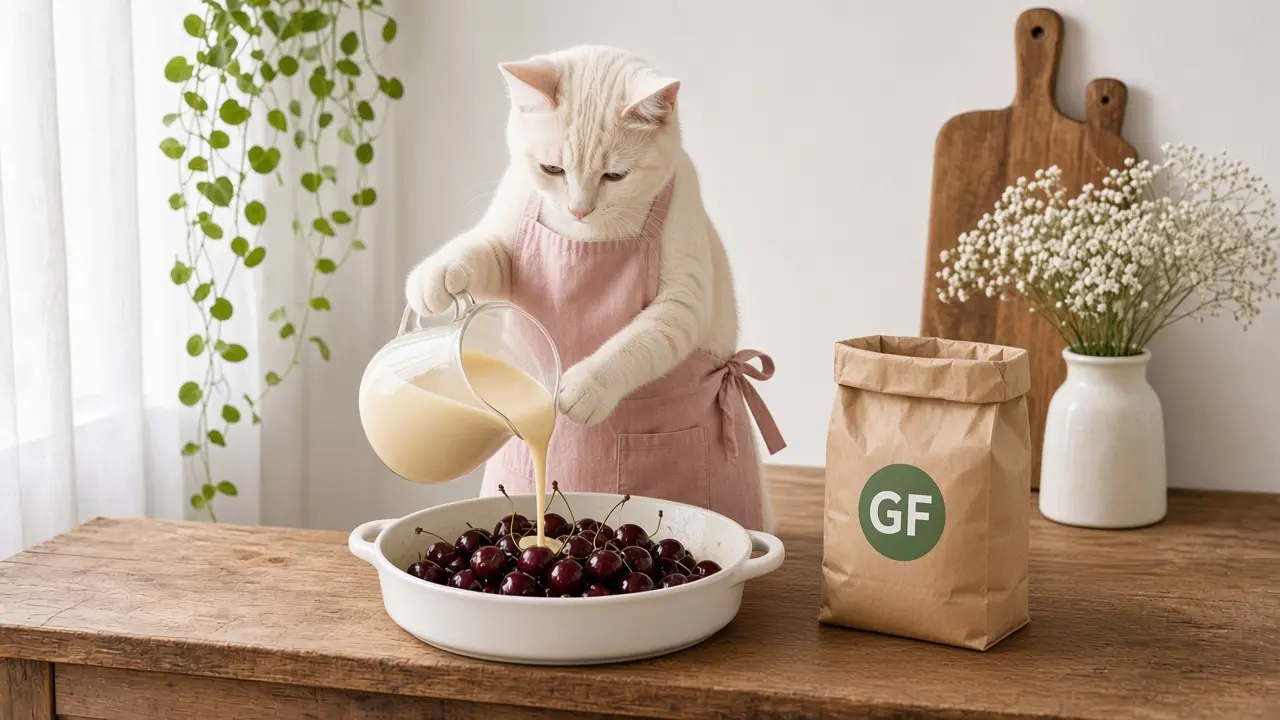 A cream-coloured cat in a pink apron, cooking this dish