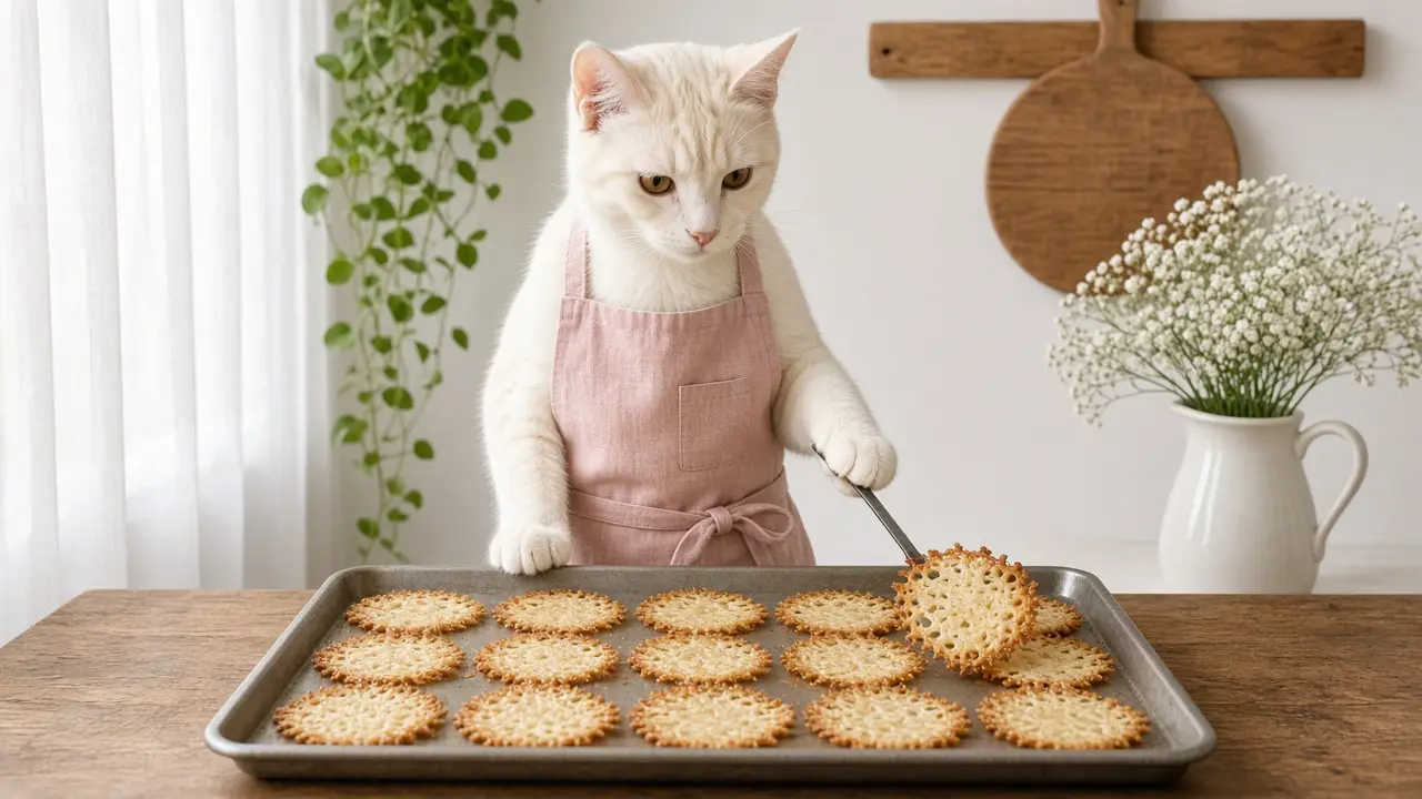A cream-coloured cat in a pink apron, cooking this dish