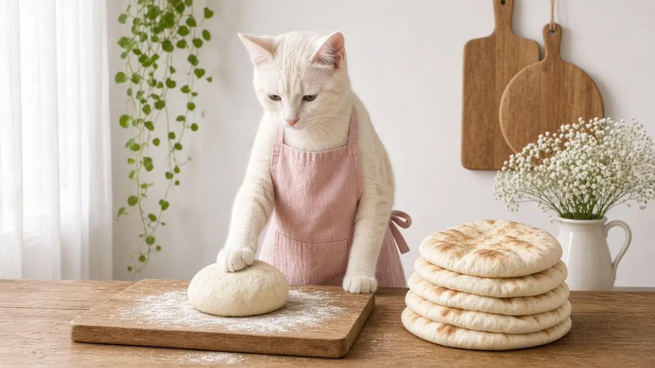 A cream-coloured cat in a pink apron, cooking this dish