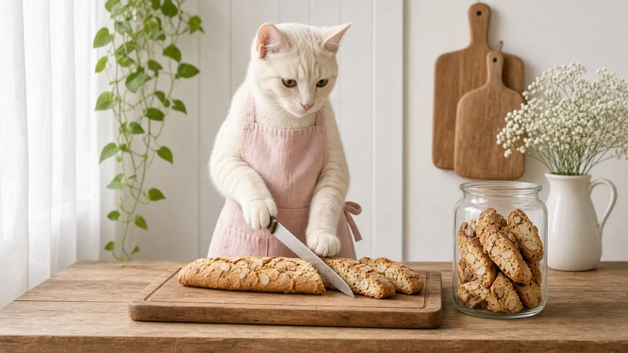 A cream-coloured cat in a pink apron, cooking this dish
