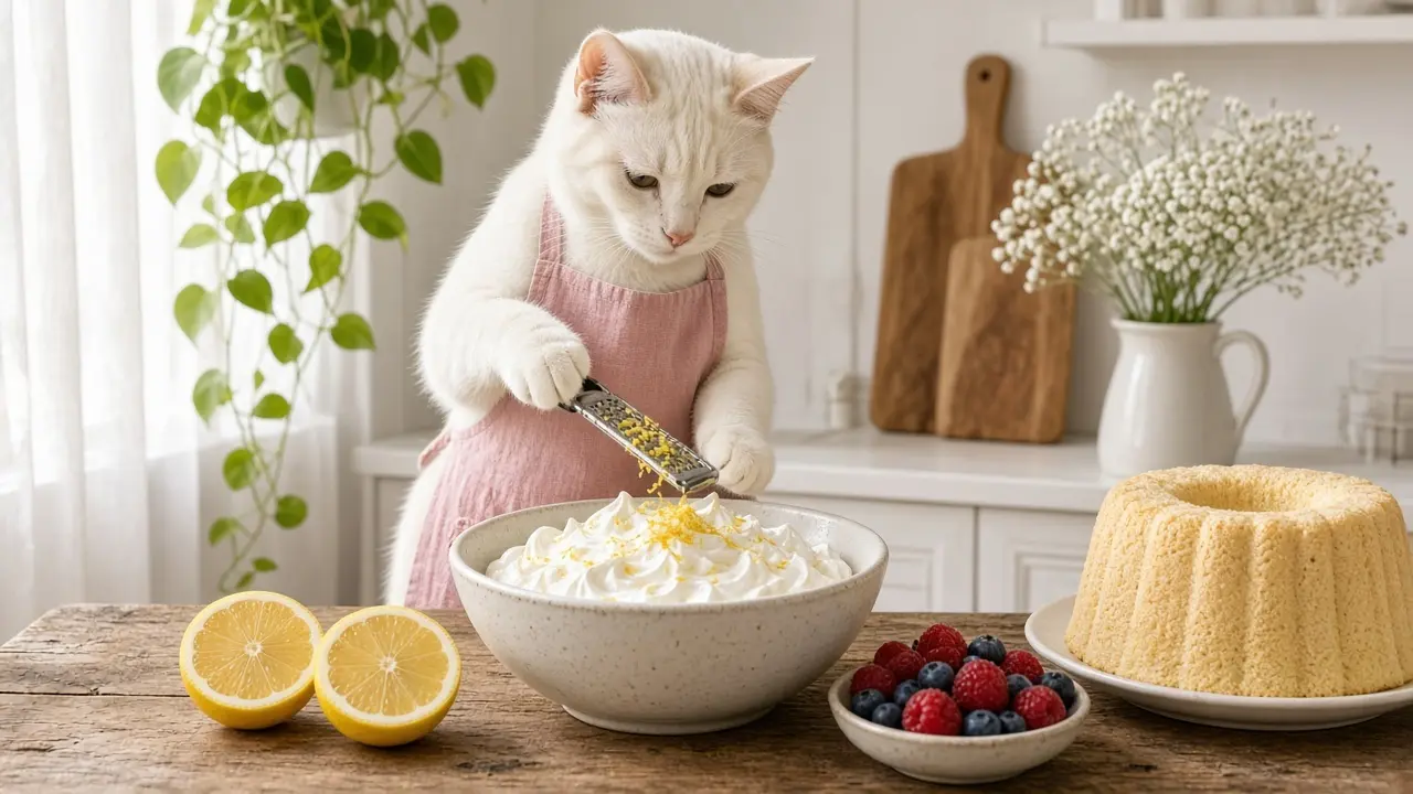 A cream-coloured cat in a pink apron, cooking this dish