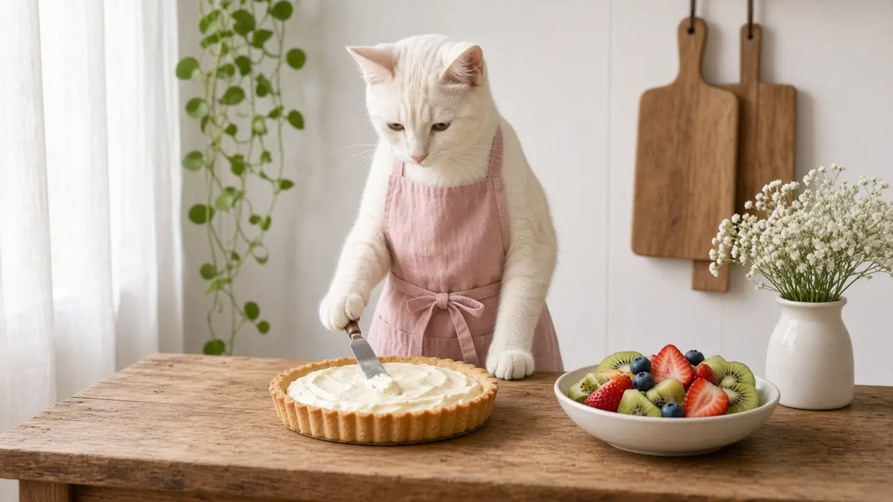 A cream-coloured cat in a pink apron, cooking this dish