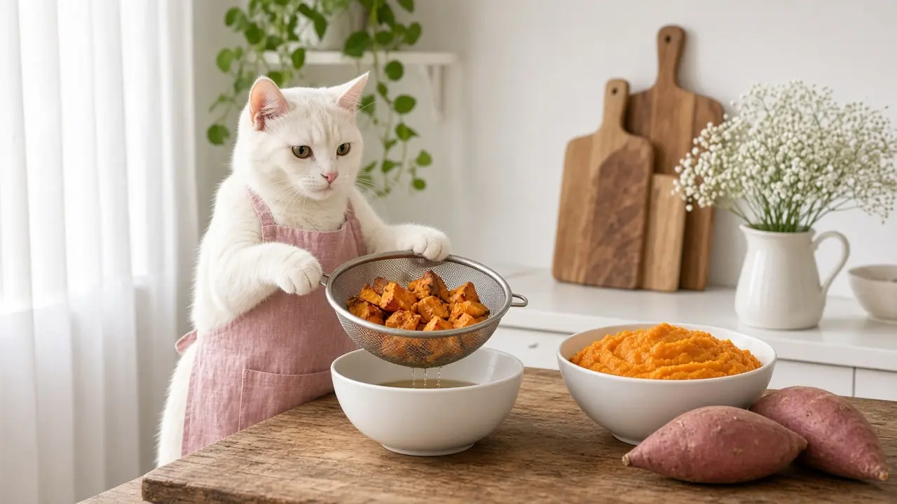 A cream-coloured cat in a pink apron, cooking this dish