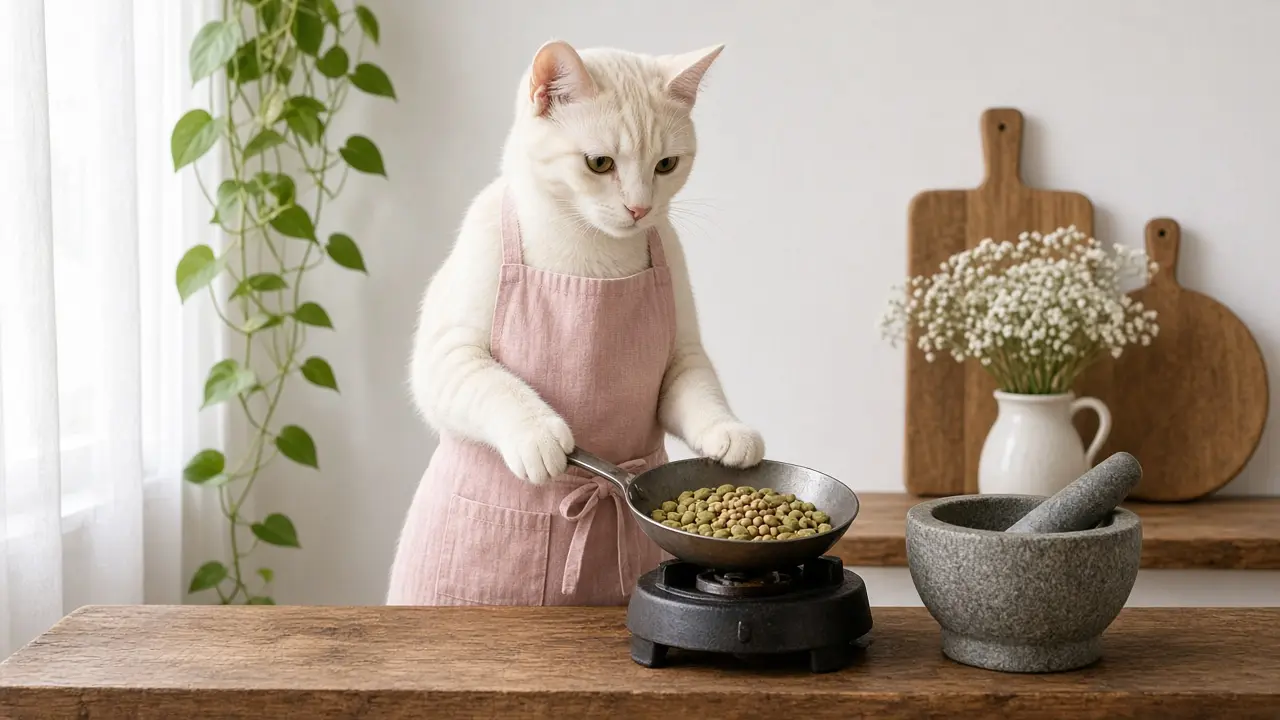 A cream-coloured cat in a pink apron, cooking this dish