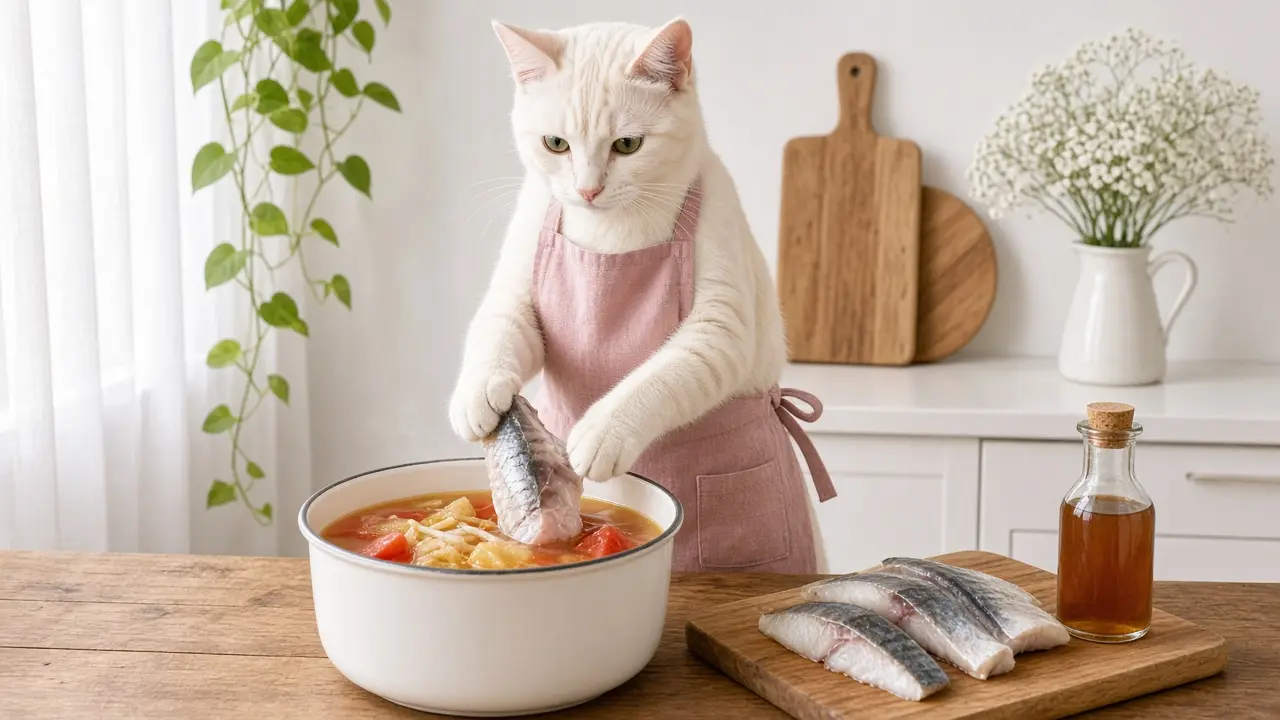 A cream-coloured cat in a pink apron, cooking this dish