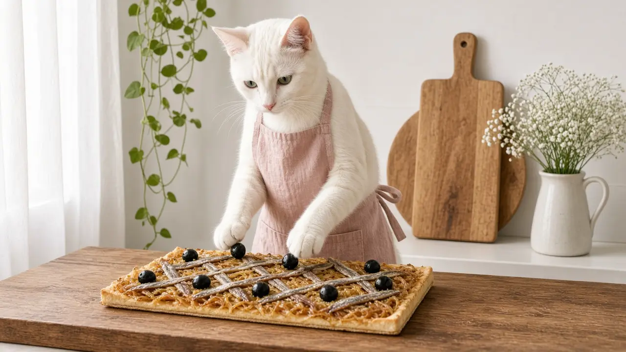 A cream-coloured cat in a pink apron, cooking this dish