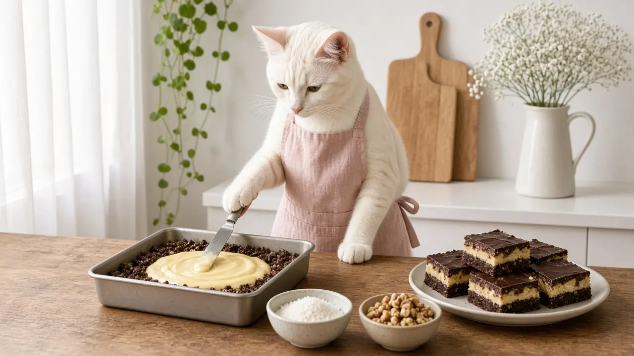 A cream-coloured cat in a pink apron, cooking this dish