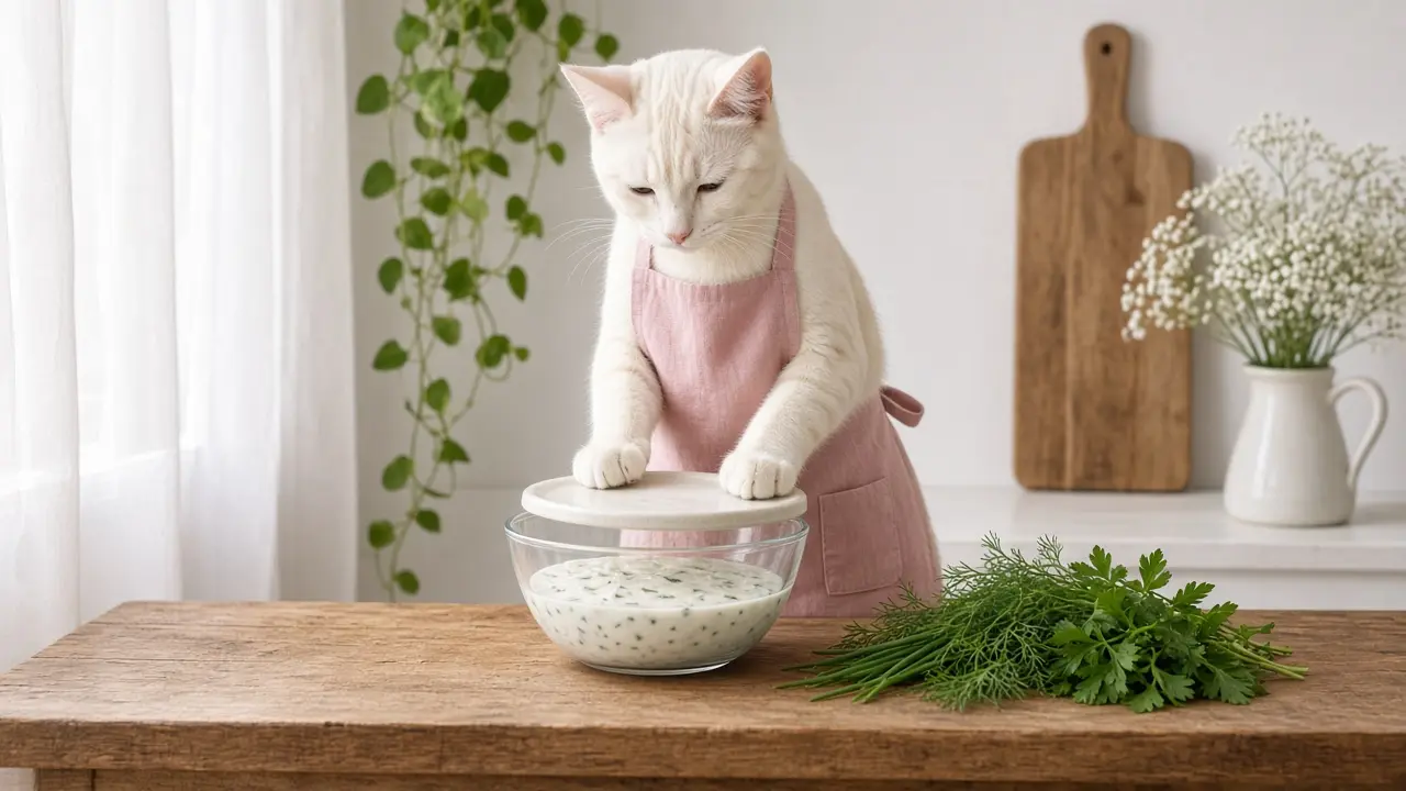 A cream-coloured cat in a pink apron, cooking this dish