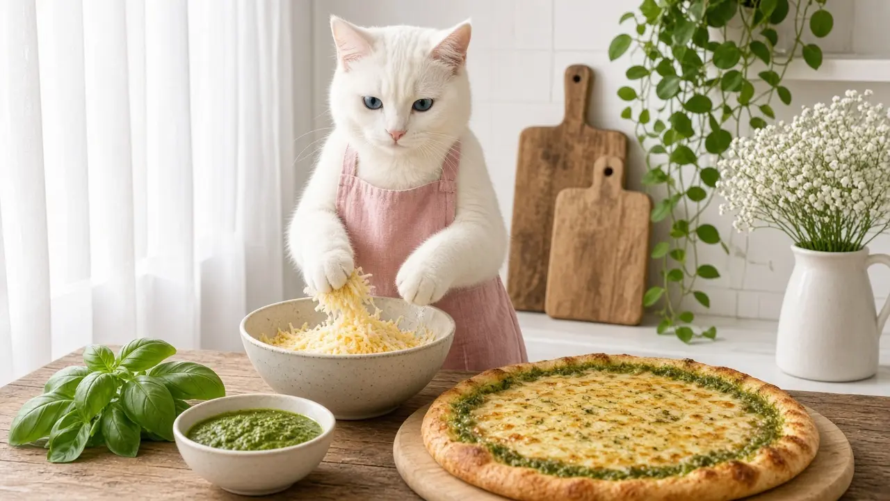 A cream-coloured cat in a pink apron, cooking this dish