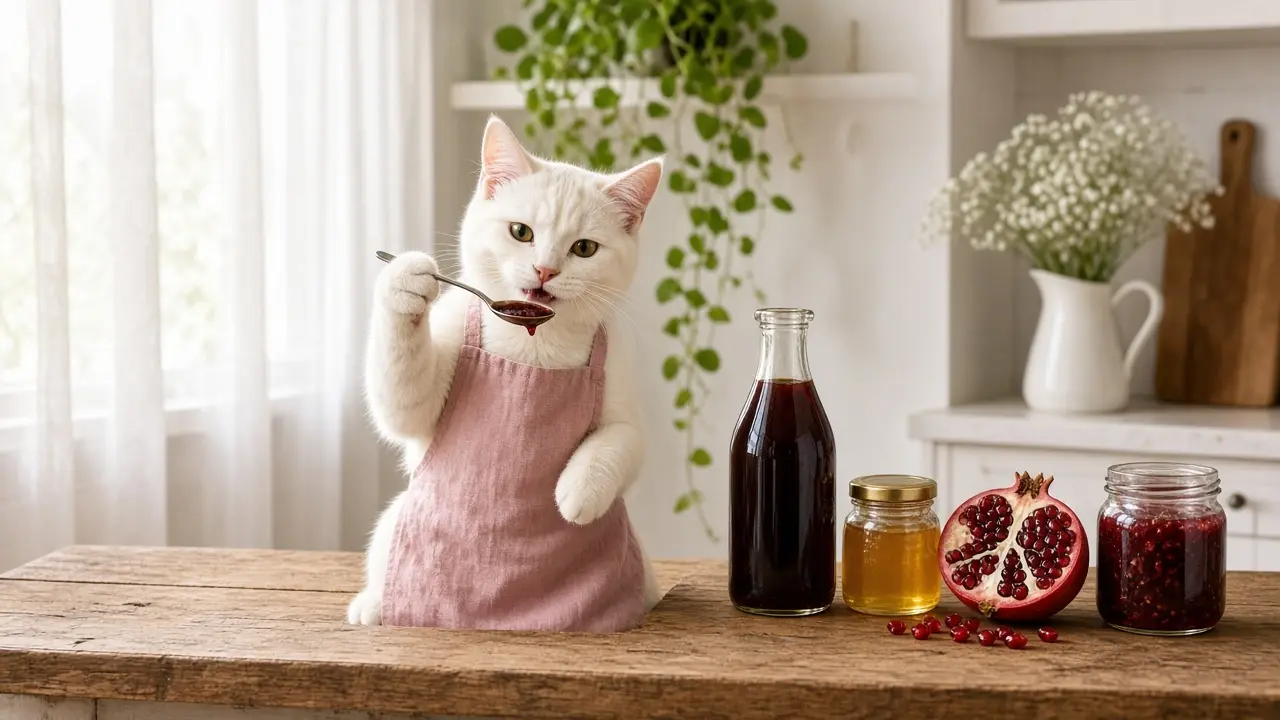 A cream-coloured cat in a pink apron, cooking this dish