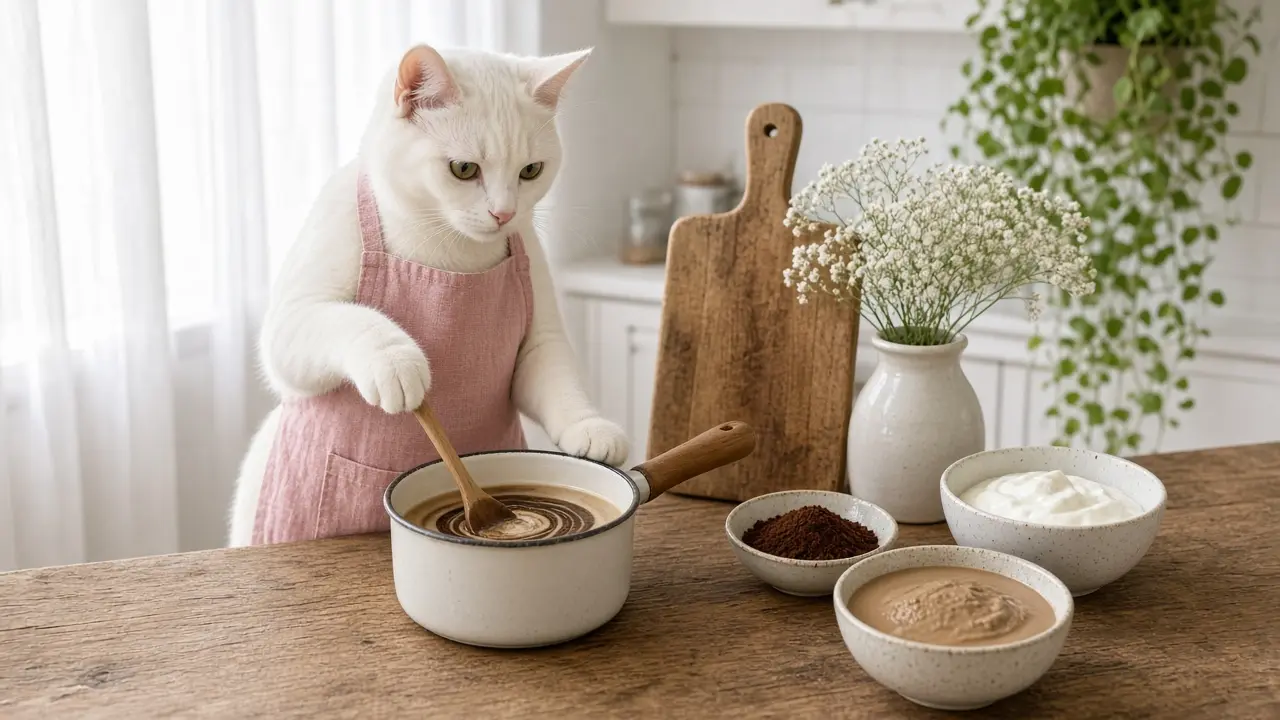 A cream-coloured cat in a pink apron, cooking this dish