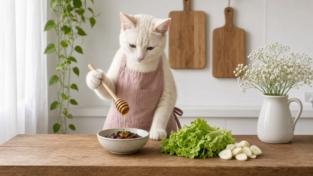 A cream-coloured cat in a pink apron, cooking this dish