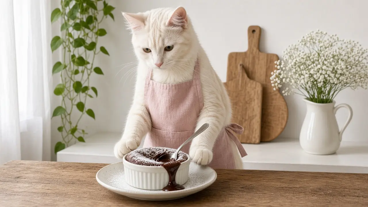 A cream-coloured cat in a pink apron, cooking this dish