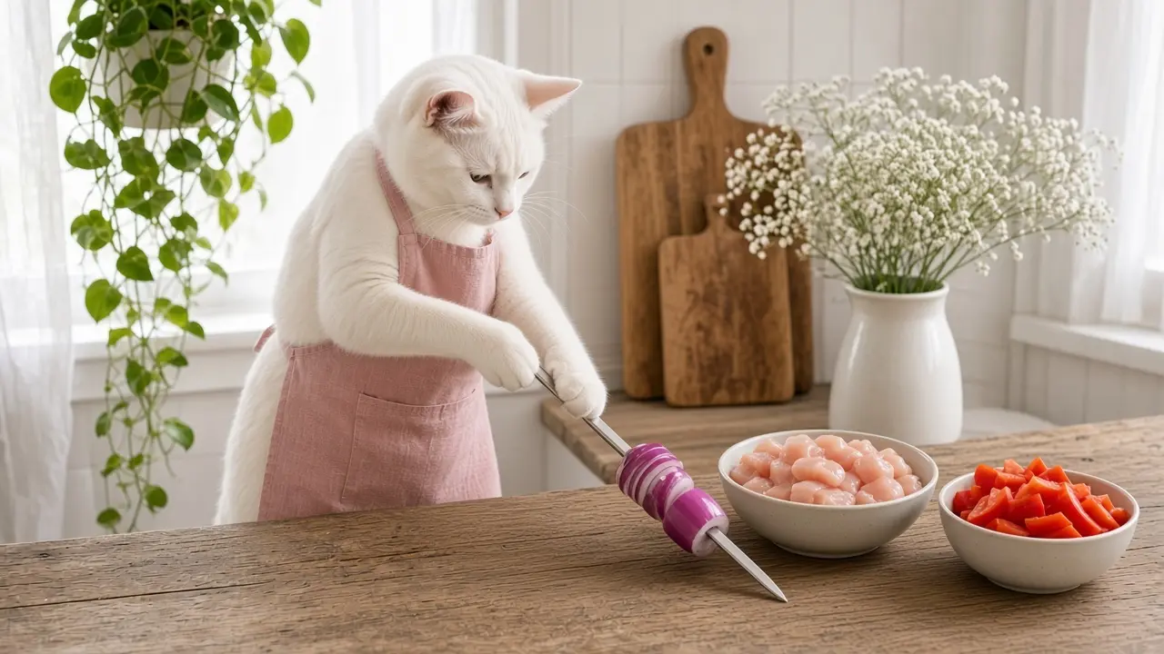 A cream-coloured cat in a pink apron, cooking this dish