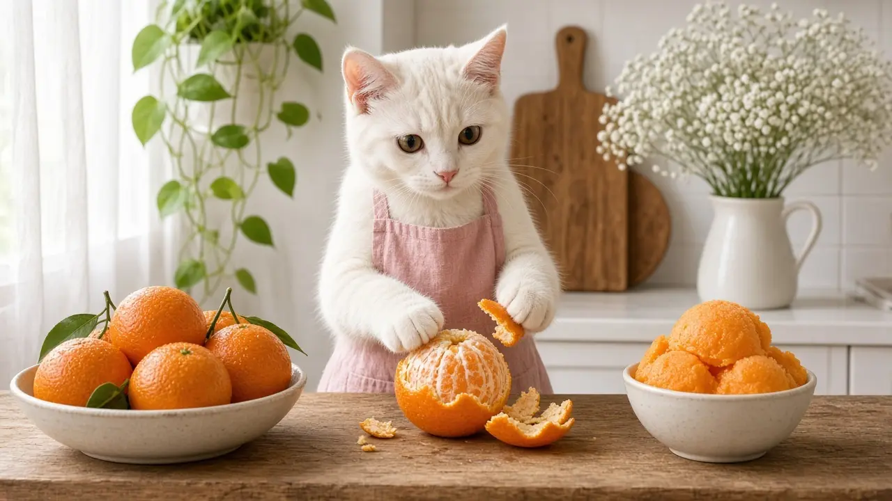 A cream-coloured cat in a pink apron, cooking this dish