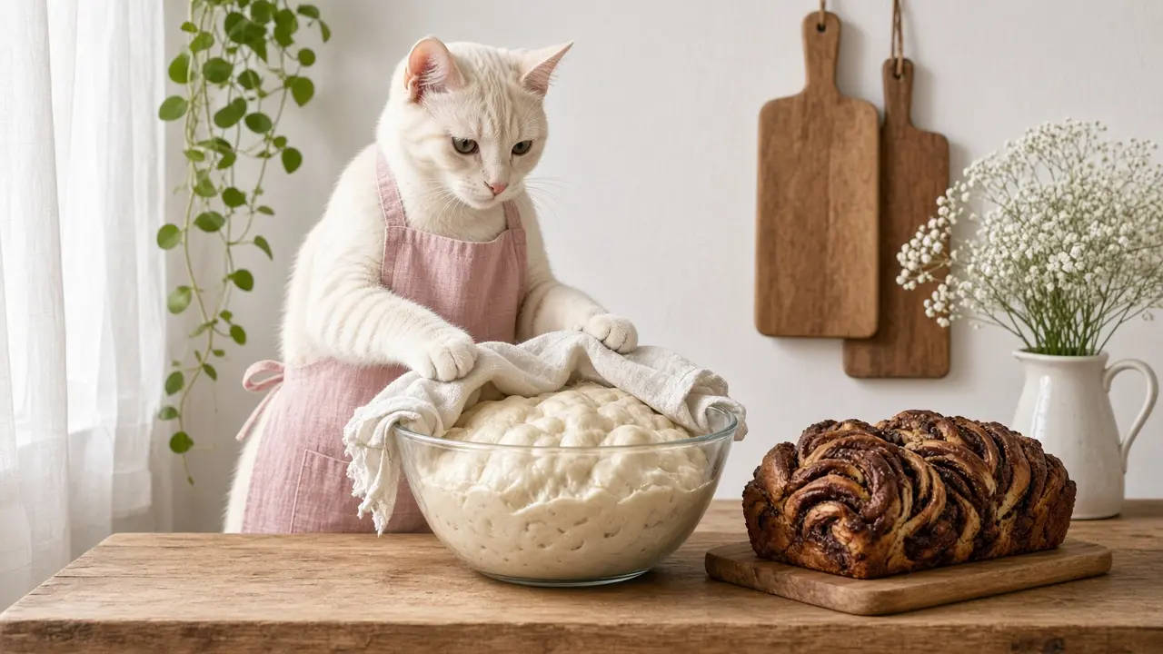 A cream-coloured cat in a pink apron, cooking this dish