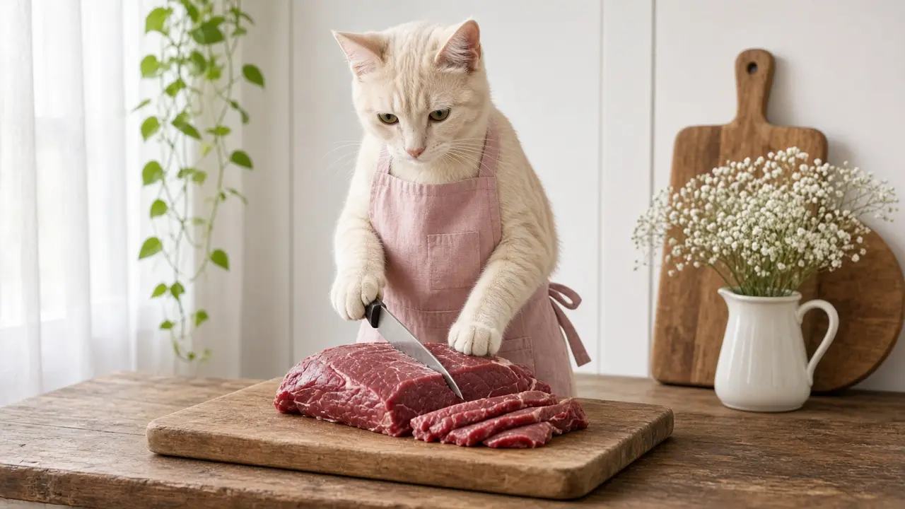 A cream-coloured cat in a pink apron, cooking this dish
