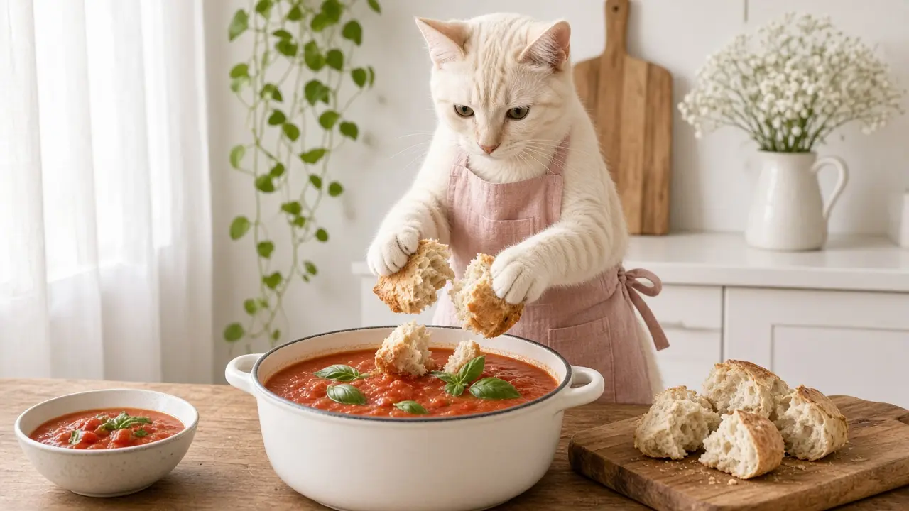 A cream-coloured cat in a pink apron, cooking this dish