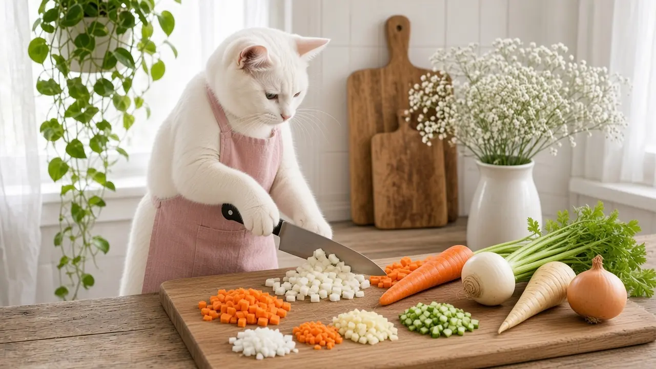 A cream-coloured cat in a pink apron, cooking this dish
