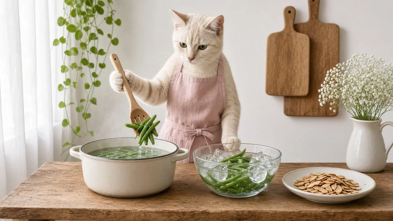 A cream-coloured cat in a pink apron, cooking this dish