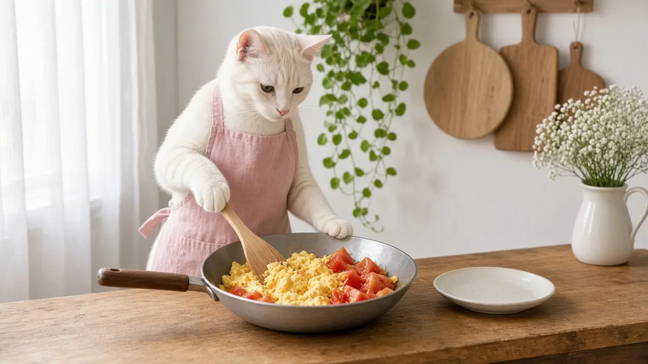 A cream-coloured cat in a pink apron, cooking this dish