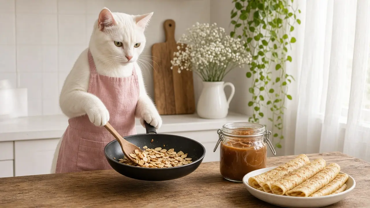 A cream-coloured cat in a pink apron, cooking this dish