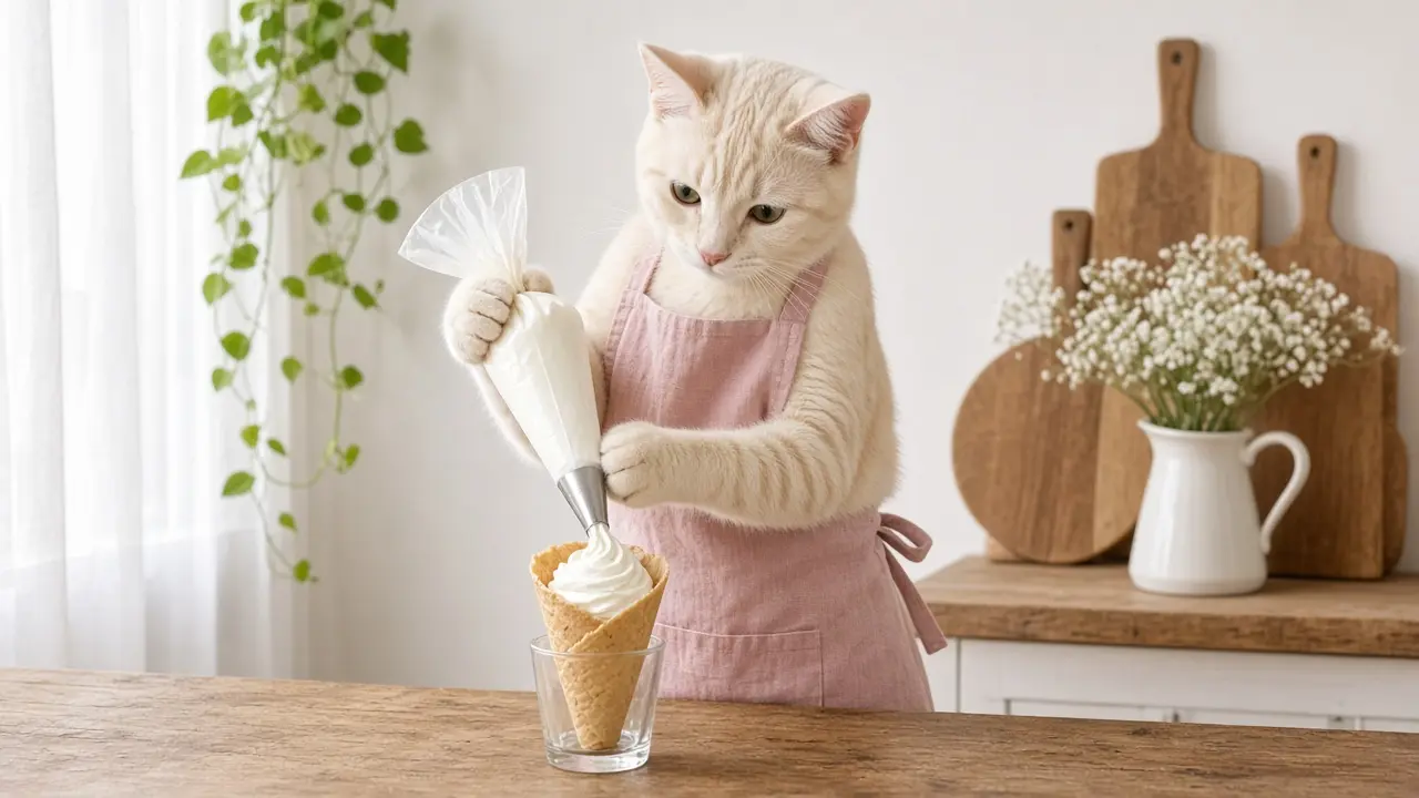 A cream-coloured cat in a pink apron, cooking this dish