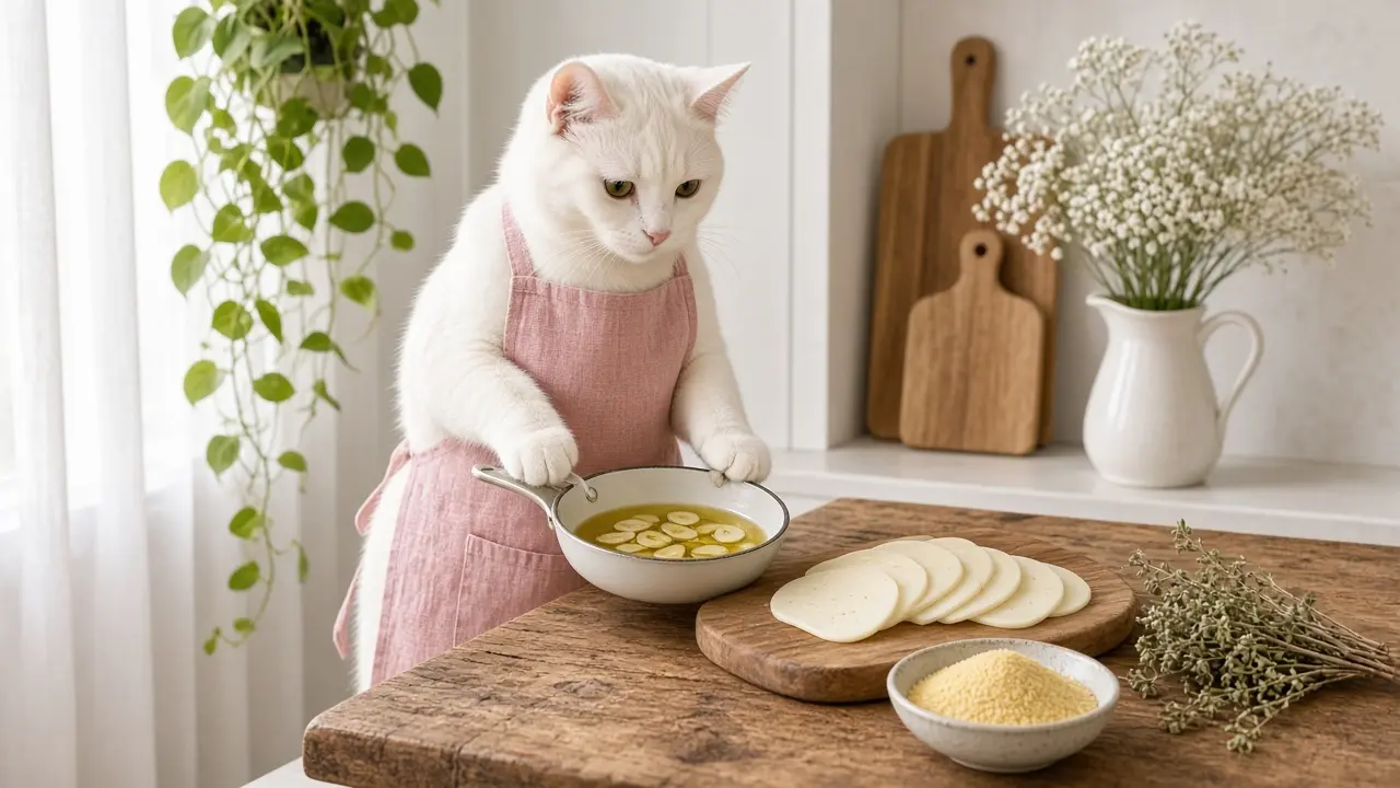 A cream-coloured cat in a pink apron, cooking this dish
