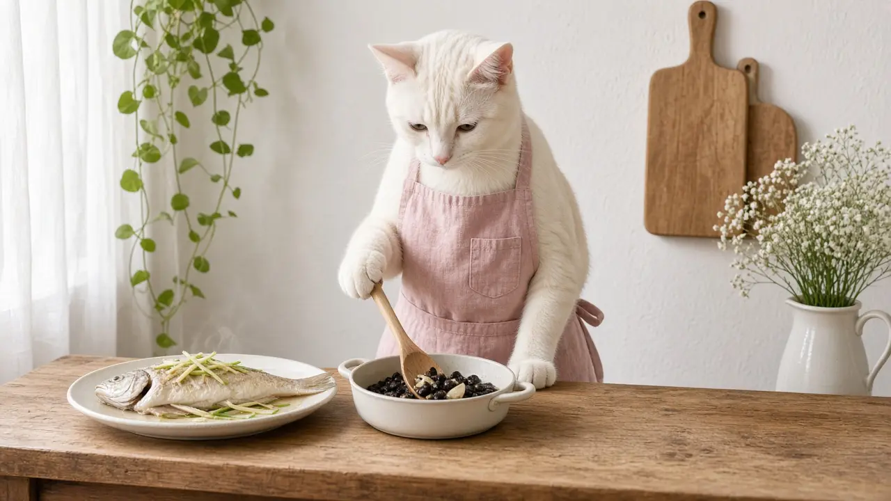 A cream-coloured cat in a pink apron, cooking this dish
