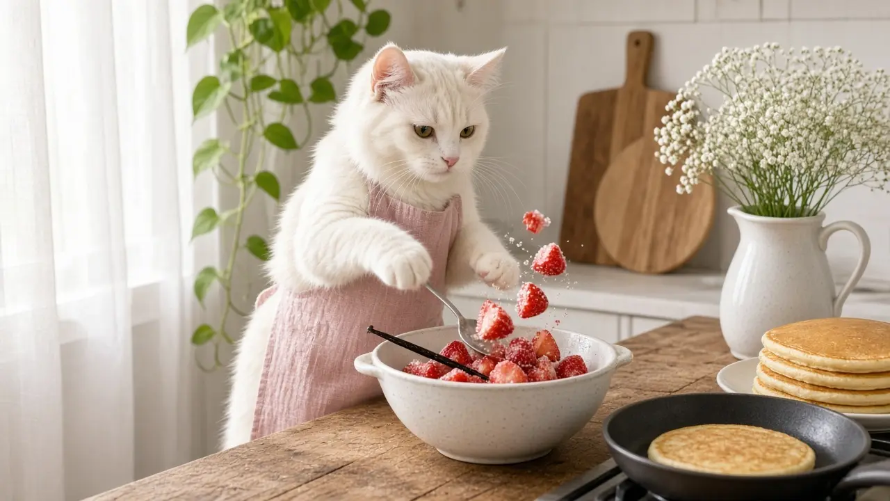 A cream-coloured cat in a pink apron, cooking this dish